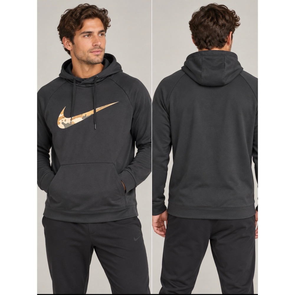 Nike Therma Dri-FIT Mens XL Training Hoodie Black Camo Swoosh Athletic